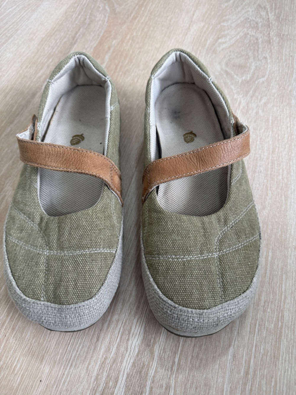 Vibram Olive Green Canvas Mary Jane Sneakers with Tan Strap